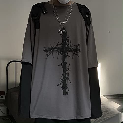 Goth Shirt Gothic Shirt Fake Two-Piece Alternative Clothing Goth Long Sleeve Top Grunge Clothes thumbnail 5