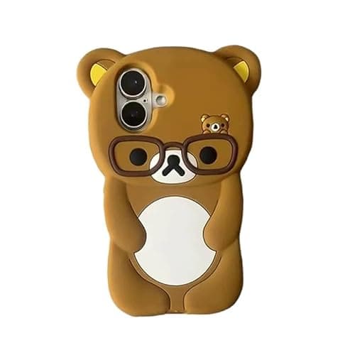 Ultra Thick Soft Silicone 3D Cartoon Glasses Bear Phone Case for Apple Japan Japanese Teddy Super Cute Lovely Adorable Creative Fun Kids Girls (Brown, for iPhone 15) - Image 1