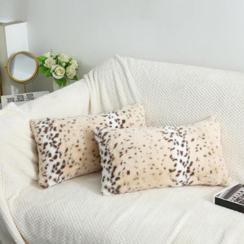 Entua Throw Pillows Covers, Fluffy Faux Fur Pillow Case Snow Leopard Cheetah Print Animal Decorative Lumbar Rectangle Cushion Cover for Couch Sofa Bedroom Living Room, 12x20, Beige thumbnail 8