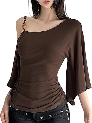 Chvity Women One Shoulder Halter Top 3/4 Bell Sleeve Off The Shoulder Tops Solid Slim Fit Spring Summer T-Shirt Tees - Image 1