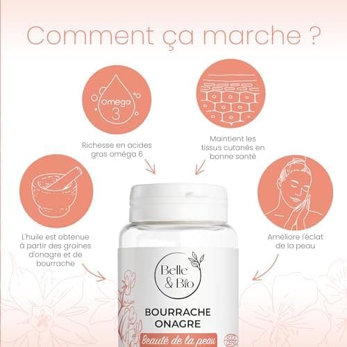 PEAU BELLE & SAINE - Riche en Oméga 6 - Bourrache Onagre Bio certifié Ecocert - 120 capsules - Cure 1 mois - Complément Alimentaire BELLE&BIO - Fabriqué en France thumbnail 4
