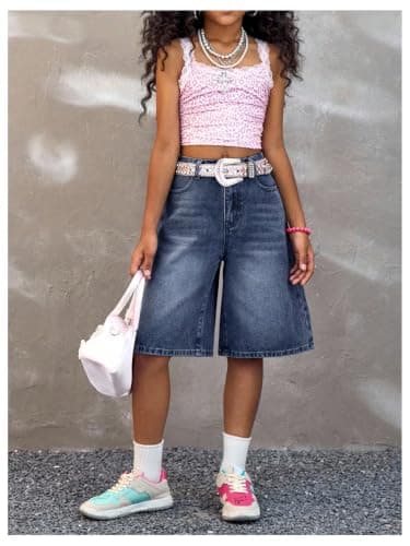 OYOANGLE Girl's Baggy Jorts Bermuda Denim Shorts Loose Elastic Waist Wide Leg Jean Shorts Dark Wash 9 Years thumbnail 5