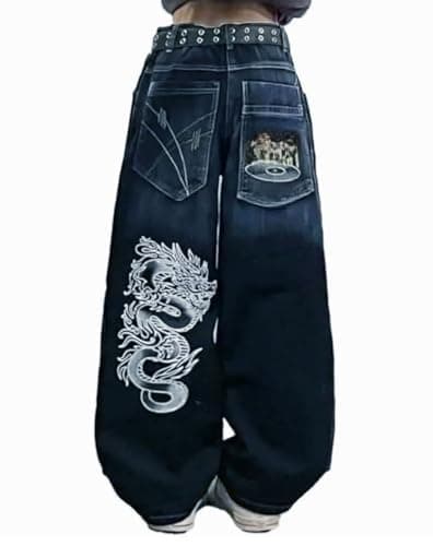 Unisex Y2K Hip Hop Street Jeans Dragon Print Gothic Baggy Jeans Vintage High Waist Denim Jeans Wide Leg Pants - Image 1