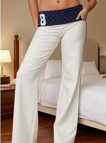 Yoawdats Fold Over Yoga Pants for Women Wide Leg Sweatpants Low Rise Flare Lounge Pant Bell Bottoms Y2K Foldover Pants thumbnail 3