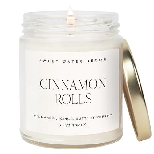 Sweet Water Decor Cinnamon Roll Candle - Fall Scented with Cinnamon, Icing and Buttery Pastry for Home - Autumn Soy Candle with 40 Hours Burn Time - 9Oz Gold Lid Clear Jar Cozy Scents - Image 1