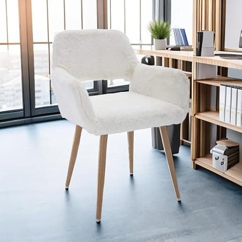KCC Furry Desk Chair, Mid-Century Modern Accent Comfy Armchair with Faux Fur for Teen Girls, Wood Look Metal Legs Living Dining Room, Home Vanity Makeup Office No Wheel, White. thumbnail 6