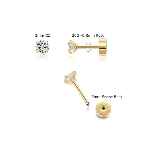 Renkovte Flat Back Screw Back CZ Stud Earrings, Small Cubic Zirconia Stud Earrings for Helix Cartilage Tragus Earlobe Piercing for Women (2mm 3mm 4mm Gold Color) thumbnail 2