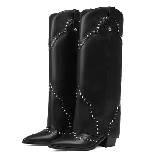 Erocalli Shark Fold Over Cowboy Cowgirl Boots Studded - Knee High, Tall, Western, Slouch, Pointed Toe, Pull on, Fashion Boot, Dress - Image 1