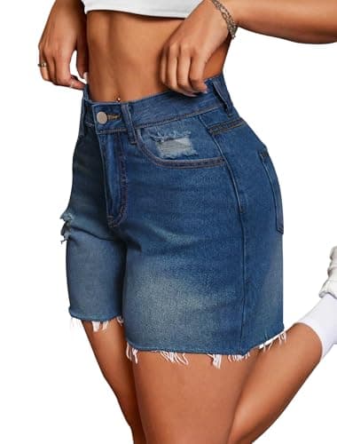 IWD Womens Jean Shorts High Waist Ripped Stretchy Jorts Frayed Raw Hem Casual Summer Denim Shorts (Dark Blue, XX-Large) - Image 1