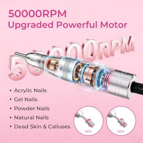 Wea&Hea Professional Electric Nail Drill, 50000 RPM Rechargeable Cordless E-File Machine for Acrylic Gel Nails, Low Noise Low Heat Nail File Kit with 6 Bits, 66 Sanding Bands, Pink thumbnail 2