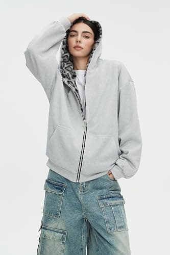 CUTEGAL Zip Up Hoodie Oversized Leopard Print Jacket Reversible Streetwear Fall Grunge Hoodies Streetwear thumbnail 6