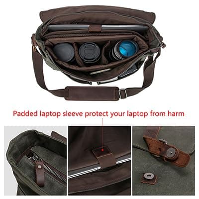 Vintage Genuine Leather Waxed Canvas Briefcase Large Satchel Shoulder Bag Rugged Computer 15.6" Laptop Bag thumbnail 2