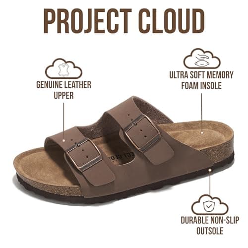 Project Cloud 100% Genuine Leather Flat Sandals For Women 2026 Cork Footbed Womens Sandals with Memory Foam and arch support Vacation Essentials Slides for Women Footwear (Venita, Tan, 10) thumbnail 3