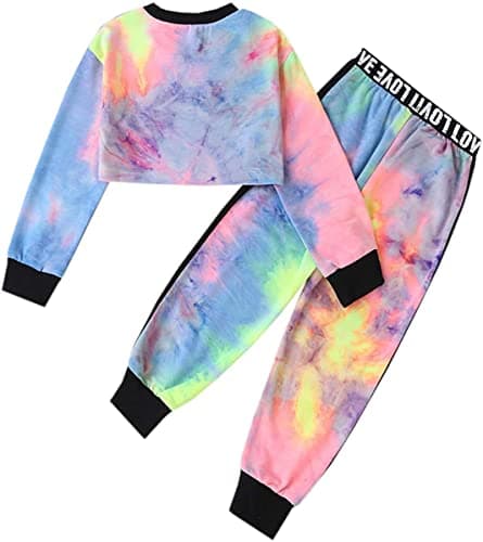 Betusline Girls 2 Piece Outfits Cute Fall Winter Crop Top Cargo Pants Trendy Clothing Sets, 4T-14 Years - 11-12 Years - A Multi Tie Dye thumbnail 2