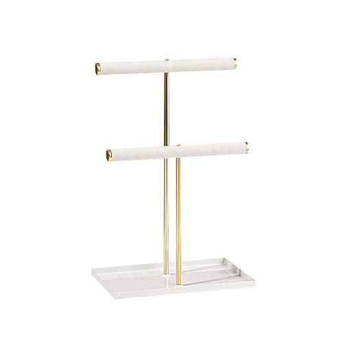 2 Tier Necklace Bracelet Holder Stand, Multi-Use Jewelry Display Organizer with Metal Tray, Velvet T-Bar Metal Necklace Organizer Stand, Jewelry Hanger Tower Rack for Men Women (Gold 12" Tall) - Image 1