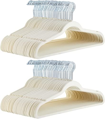 Amazon Basics Slim Velvet Non-Slip Space Saving Suit Clothes Hangers for Closet Organization, Ivory/Beige, 100-Pack - Image 1