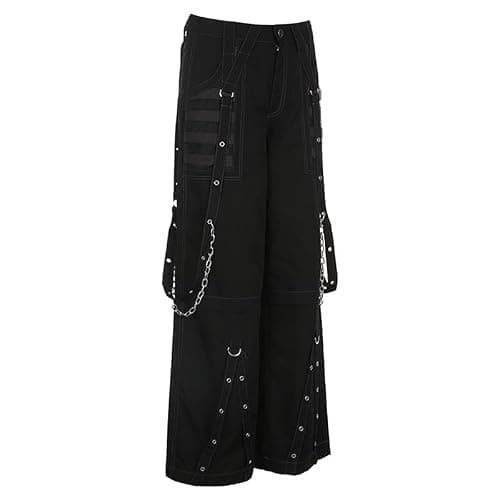 Kodaruber Women Vintage Goth Hip Hop Jeans Punk High Waisted Baggy Bootcut Jeans Strap Chain Striped Wide Leg Denim Pants thumbnail 3
