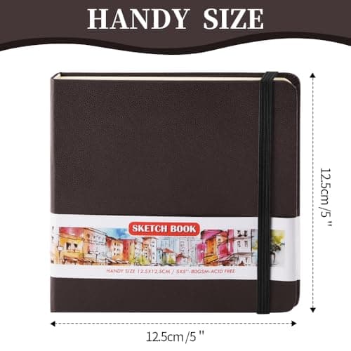 E-WEICHEN Square 5x5 inches 80gsm 96sheets/192 Pages Notebooks Blank Sketchbooks Travel Journal Pocket Hardcover Paint Writing Diary Memo Planner PU Leather Cover. Dark Brown thumbnail 2