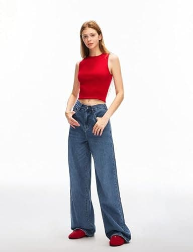 Women's Adjustable Wasit Baggy Jeans with Snap-Button Waistband Wide Straight Leg High Rise Jeans Denim Pants Y2K Trousers thumbnail 3