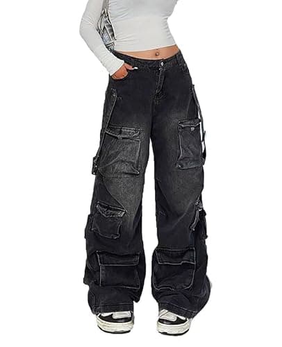 POHADON Baggy Cargo Pants for Women Loose Fit Straight Wide Leg Denim Jeans Pants Y2k Emo Clothes Hip Hop Streetwear thumbnail 2