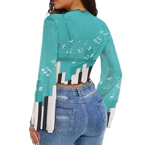 POLERO Musical Note Piano Tops for Music Lovers Teachers Womens Sheer Tops Bell Long Sleeve Mock Neck Crop Shirts Size XL thumbnail 5