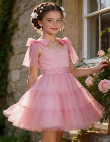Arshiner Girls Dresses Summer Sleeveless Bow-Tie Straps Formal Fancy Party Birthday Tulle Dress Light Pink Tween 10-11 Years thumbnail 3