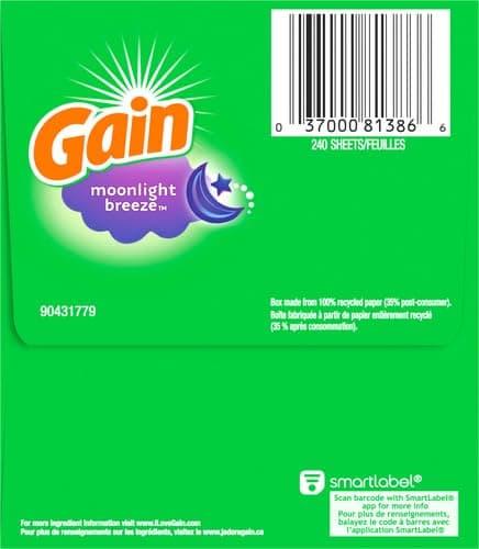 Gain Dryer Sheets Fabric Softener | Moonlight Breeze | Anti-Static | 240 Sheets, Pack of 4 thumbnail 11
