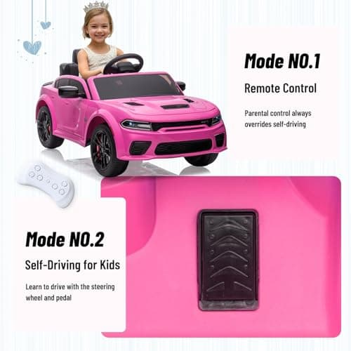 Electric Car for Kids,Licensed Dodge Charger SRT Hellcat Ride on Car,3.1mph Max Speed,12V 7A Kids Electric Vehicle with Remote Control,Music,LED Light,Bluetooth (Pink) thumbnail 4