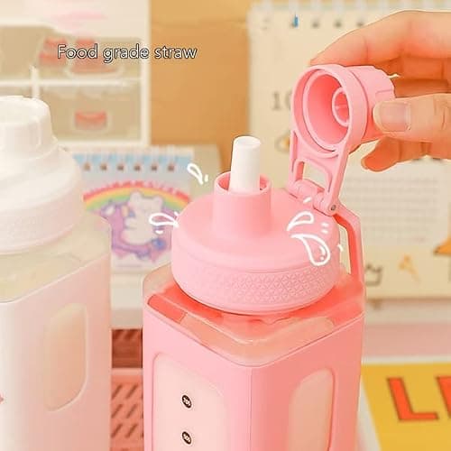 NEWSTYP Kawaii Bear Pastel Water Bottle With 3D Sticker 700ml Plastic Travel Tea Juice Milk Portable Cute Shaker Drink Bottle Gift (Pink) thumbnail 4