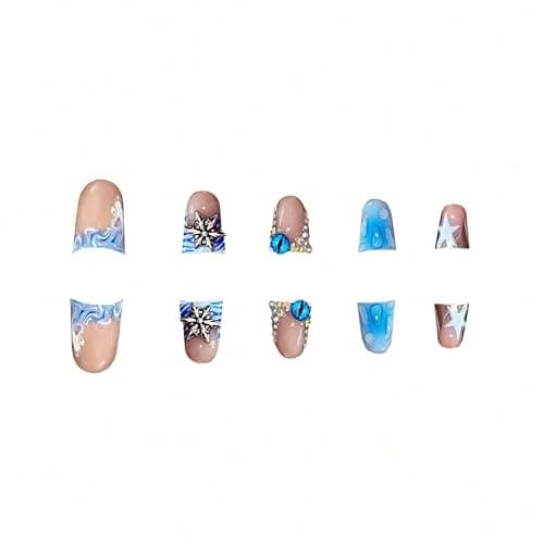 Blue Duck Nail Press ons Star Fake Nails Water Drop with Design Spindrift Glue on Nails French Tip Press on Nails Glossy Artificial Acrylic Nail Eye Rhinestone Stick on Nail for Women Manicure 24Pcs thumbnail 2