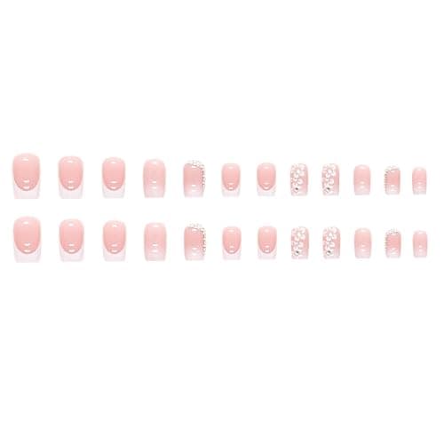 24pcs French False Nails White Tip Square Stick on Nails Flower Press on Nails with Rhinestones Removable Glue-on Nails Fake Nails Women Girls Nail Art Accessories - 0220Y42 thumbnail 3