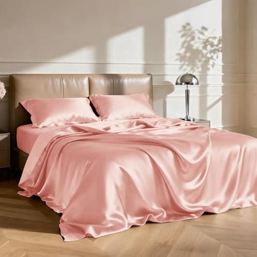 Love's cabin Satin Queen Sheets Set - 4 Piece Coral Silky Bed Sheets with Deep Pocket, Luxury Silk Feel Satin Queen Size Sheet Set (1 Flat Sheet,1 Fitted Sheet,2 Pillow Cases) thumbnail 2