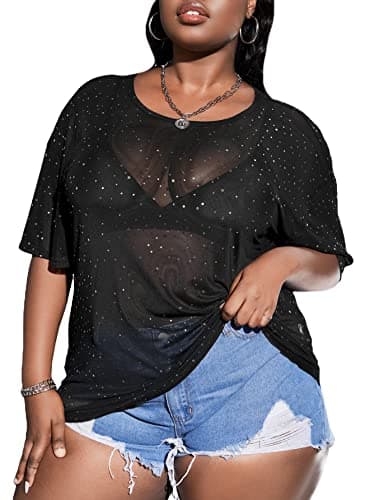 MakeMeChic Women's Plus Size Glitter Sheer Mesh Short Sleeve Tee Shirt Top - Image 1