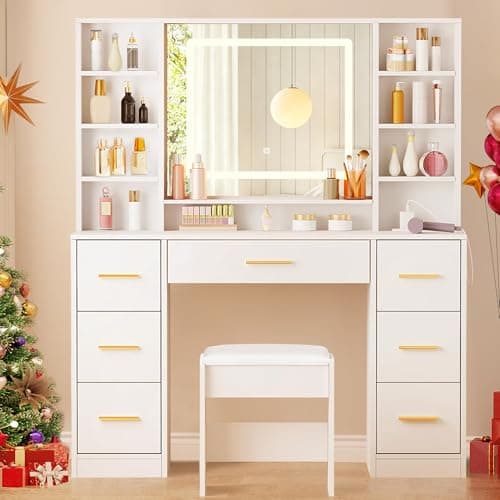 YUNSCEND White Vanity Desk with LED Lighted Mirror and Power Outlet,39.37" Makeup Vanity Table Set with 7 Drawers 6 Open Shelves 3 Color Lighting Mode Dressing Table for Women Bedroom Dressing Room thumbnail 7