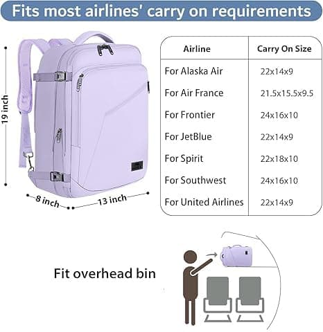 MATEIN Carry on Backpack for Women, 40L Heavy Duty Travel Backpack Airplane Approved, Expandable Simple Fashion Daypack, Frequent Traveler Gifts, Light Purple thumbnail 3