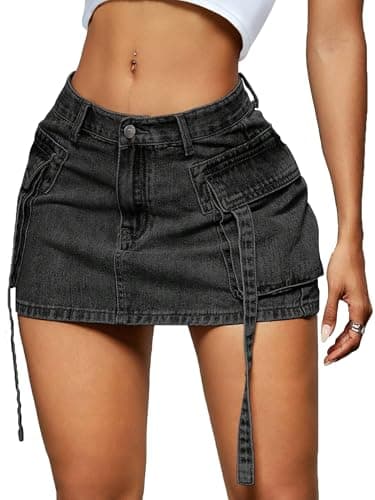 LOLILRSD Women Cargo Skirt Denim Mini Low Waist Y2K Jean Skirts with Pockets(DGA,L) - Image 1