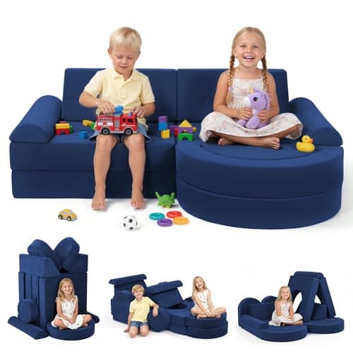 Fvkind Modular Kids Play Couch 16pcs, Kids Toddler Couch Building Fort for Playroom, Bedroom, Toddler Sectional Play Sofa, Convertible Foam Cushion Sofa for Boys and Girls, Blue - Image 1