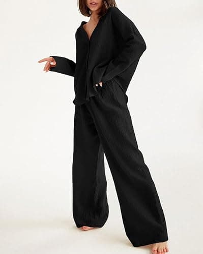 codcm Womens Cotton Gauze Loungewear Sets Casual 2 Piece Sleepwear Button Down Shirt and Wide Leg Pants Outfits thumbnail 2