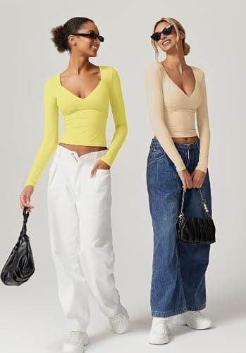 QINSEN Women's Long Sleeve V Neck T Shirts Double Lined Crop Top Seamed Cup Going Out Tops thumbnail 3