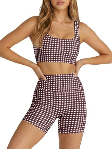 Aoysky Womens Workout Gingham 2 Piece Outfits Padded Open Back Crop Tank High Waist Sports Shorts Sets Casual Yoga Matching Sets - Image 1