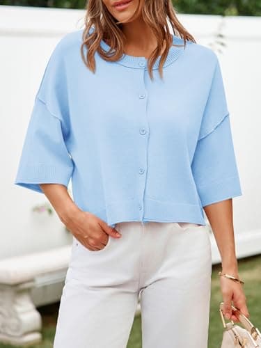 Cicy Bell Womens Half Sleeve Cardigan Sweaters Cropped Button Down Tops Oversized Lightweight Ribbed Knit Summer Outfits Sky Blue thumbnail 2