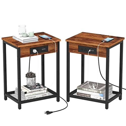 Nightstand Set of 2 with Charging Station and USB Ports 2-Tier Side End Table with Storage Shelves Bedside Record Player Stand for Bedroom Living Room Farmhouse Study, Industrial Brown and Black - Image 1
