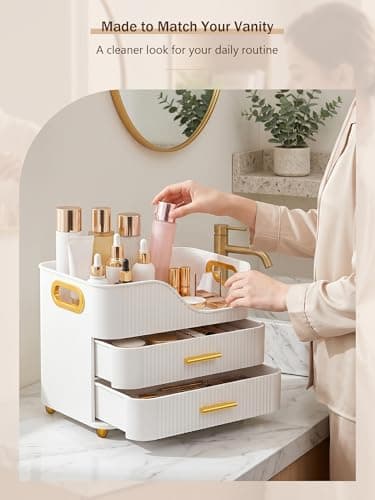 Booklov Countertop Makeup Organizer with Drawers, 3 Tier Large Cosmetic Storage Box for Vanity, Bathroom Counter, Dresser, Skincare Display Case for Lipsticks, Beauty Palettes, Teen Girl Gifts, White thumbnail 5