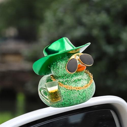 wonuu Car Decorations Beer Rubber Ducks, Dashboard Rubber Ducky for Car Ornament Cute Duck with Laser Cowboy Hat, Glasses, Necklace, Golden Beer-Green thumbnail 3