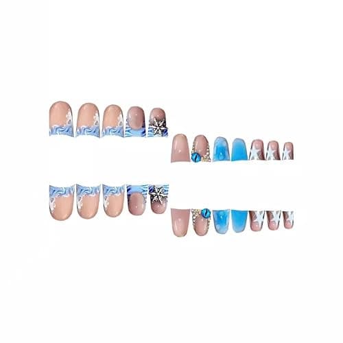 Blue Duck Nail Press ons Star Fake Nails Water Drop with Design Spindrift Glue on Nails French Tip Press on Nails Glossy Artificial Acrylic Nail Eye Rhinestone Stick on Nail for Women Manicure 24Pcs thumbnail 4
