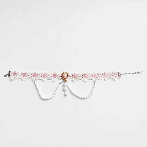 Elegant Gothic Lace Rose Choker Necklace Halloween Vintage Pearl Necklaces Halloween Victorian Lolita Costume Accessories Bridal Wedding(Pink White) thumbnail 2