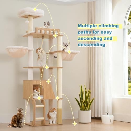Hey-brother Wooden Cat Tree, 69.7 inch CatsFI urniture Tower with Large Platforms, Hammocks, Spacious Condo, Full Sisal Scratching Posts, Ladder, Brush, Water Proof Surface, White Oak MPJ121BT thumbnail 9
