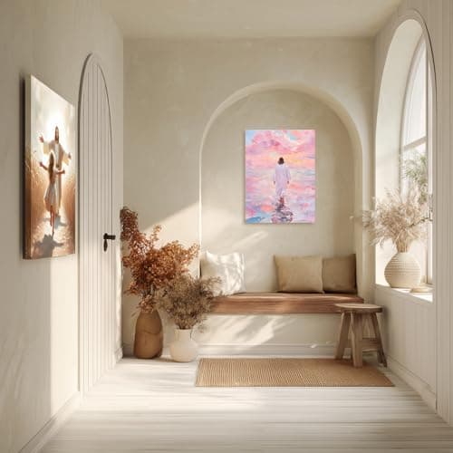 FASWQ Framed Jesus Wall Art, Pink Jesus Walking On Water Wall Decor, Minimalist Religious Savior Canvas Painting, Modern Christian Bible Aesthetic Picture for Church Hospital Prayer Areas, 16x24 Inch thumbnail 3