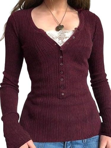 EMMIOL Long Sleeve Henley Shirts for Womens - V Neck Button Ribbed Knit Tops Slim Fit Casual Trendy Lace Tunics Blouse - Image 1