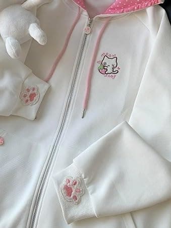 GOTHPICKUS Y2K Kawaii Embroidery Spot Hoodies Zip Up Drawstring Cute Cat Ear Ribbed Jacket Oversize Casual Streetwear thumbnail 5